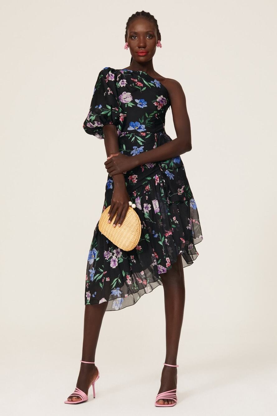 Shoshanna Gia Black Floral One Shoulder Asymmetric Midi Dress Size 0